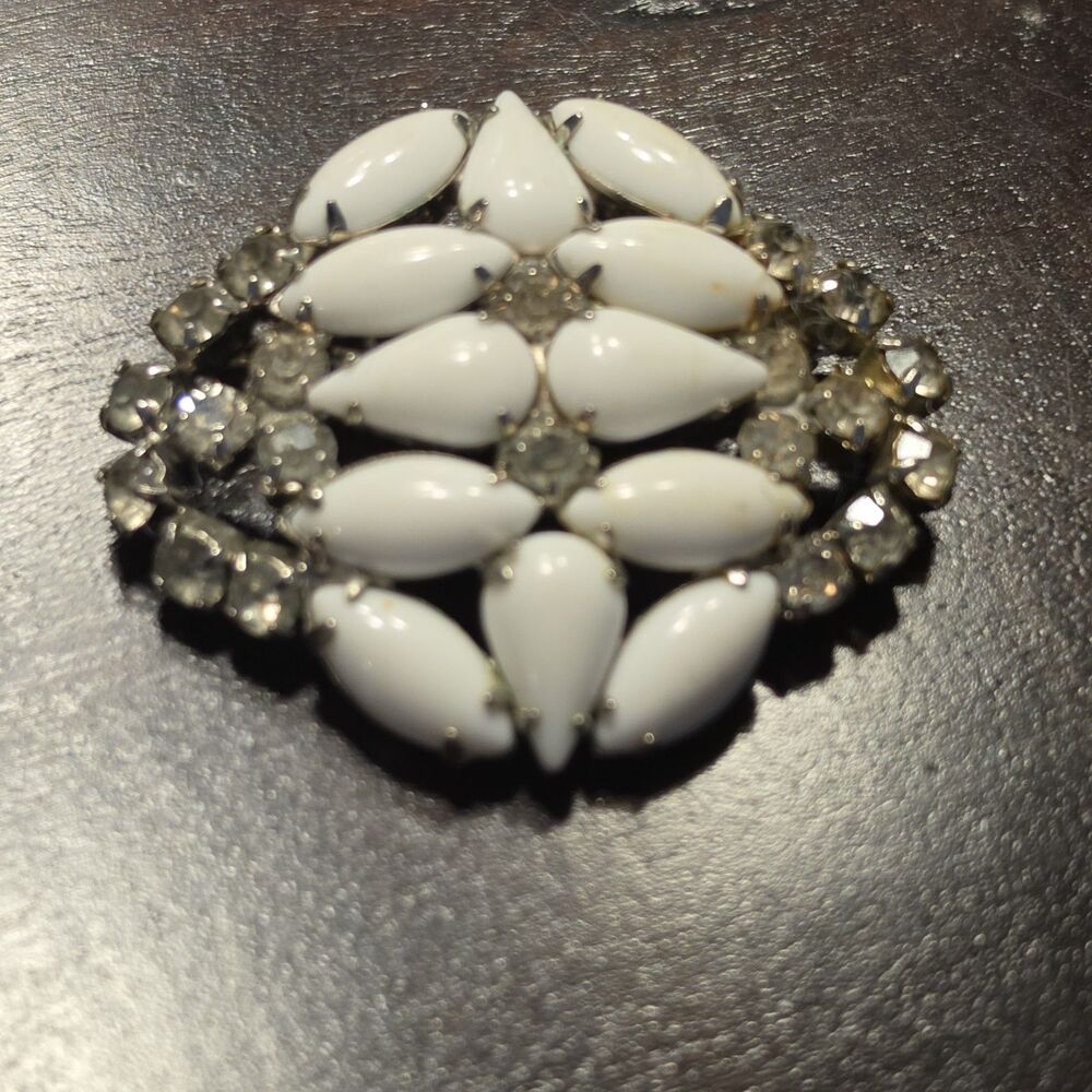 Vintage White Milk Glass Cabochon Rhinestone Brooch Pin Oval Mid Century 1950s